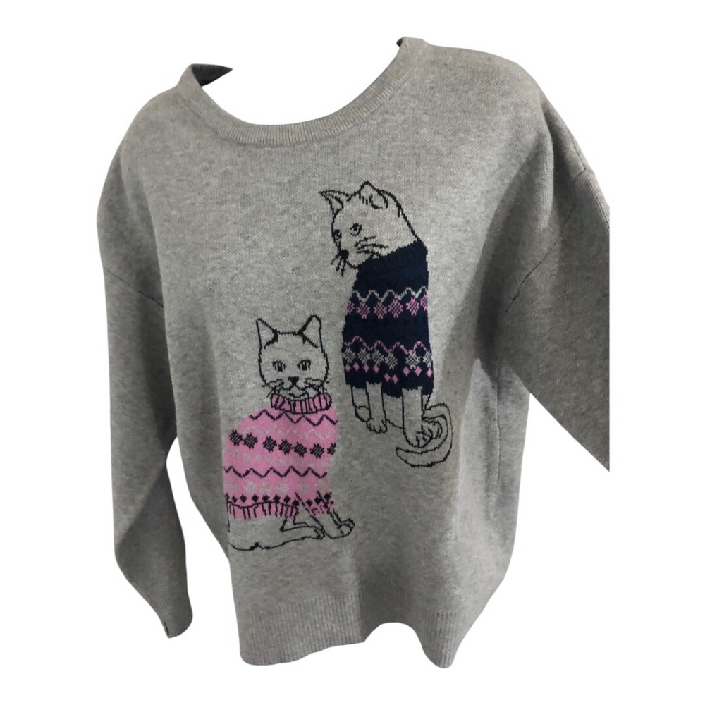 Grey sweater printed with‎ 2 cats in navy and pink argyle sweaters size medium